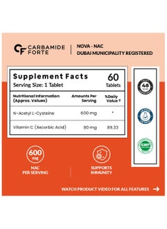 CARBAMIDE FORTE N-Acetyl, L-Cysteine 600Mg (Nac) 60 Veg Tablets  - Image 2