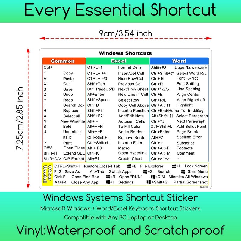 (2 ×) ملصق اختصارات Windows 11/10، ملصقات اختصارات لوحة المفاتيح لدليل مرجعي سريع لـ Microsoft Windows + Word/Excel، ملصقات اختصارات لوحة المفاتيح لأجهزة الكمبيوتر المحمولة التي تعمل بنظام Windows، لأي كمبيوتر شخصي أو محمول أو مكتبي - شفاف - Image 2