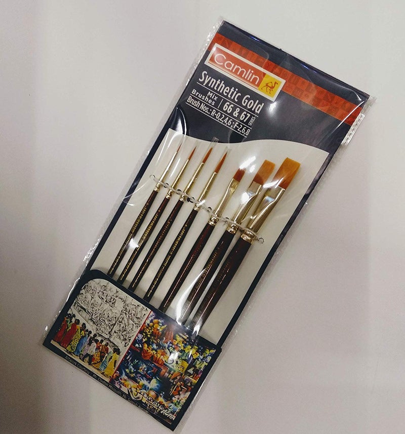 Camlin Kokuyo Paint Brush Series 67 &Series 66- Round&Flat Synthetic Gold, Set of 7 by Anmol Art & Frames(Plastic) - Image 2