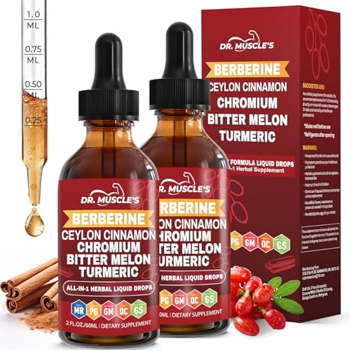 2-Pack Berberine with Ceylon Cinnamon Liquid Drops - Berberine Supplement with Turmeric, Moringa, Bitter Melon, Chromium, Gymnema - Daily Dietary Supplement for Adults, 4 FL OZ - Vegetarian - Image 1