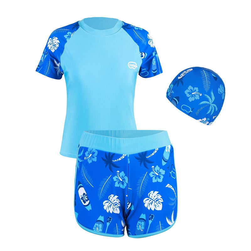 Generic Girls Plus Size Two-Piece Swimwear Quick Dry UV Protection Shorts and swimming cap