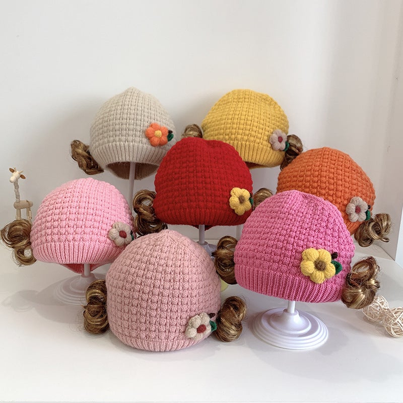 Kids Beanie Girls Flower Wig Knitted Elastic Double Warm Hat - Image 3