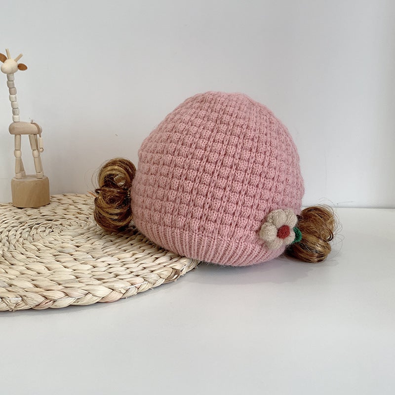Kids Beanie Girls Flower Wig Knitted Elastic Double Warm Hat - Image 4
