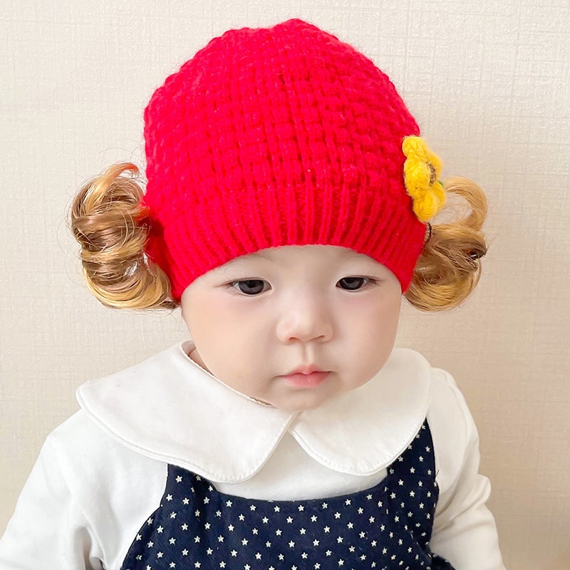 Kids Beanie Girls Flower Wig Knitted Elastic Double Warm Hat - Image 2