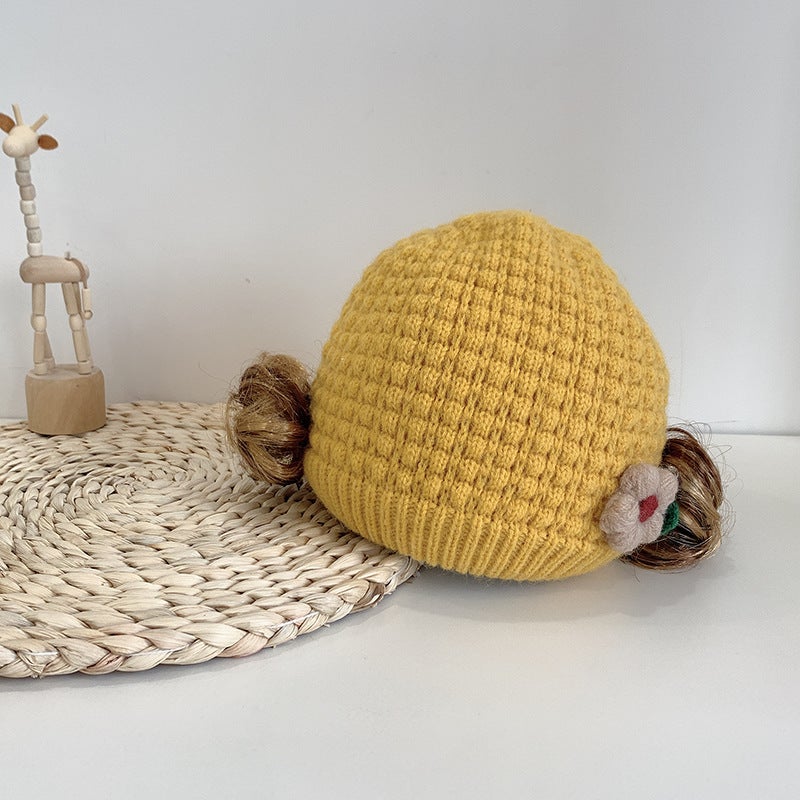Kids Beanie Girls Flower Wig Knitted Elastic Double Warm Hat - Image 1