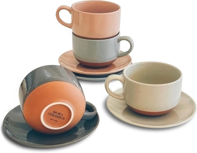 Mora Ceramics 8oz Cappuccino Mug Set of 4 - Ceramic Coffee Cups with Saucers - Microwave and Dishwasher Safe, Perfect For Tea, Espresso, Latte - Porcelain Mugs for Kitchen or Cafe - Assorted Neutrals - Image 1