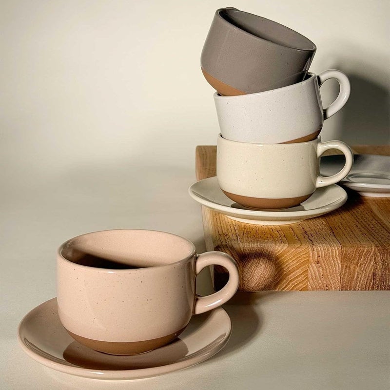 Mora Ceramics 8oz Cappuccino Mug Set of 4 - Ceramic Coffee Cups with Saucers - Microwave and Dishwasher Safe, Perfect For Tea, Espresso, Latte - Porcelain Mugs for Kitchen or Cafe - Assorted Neutrals - Image 5