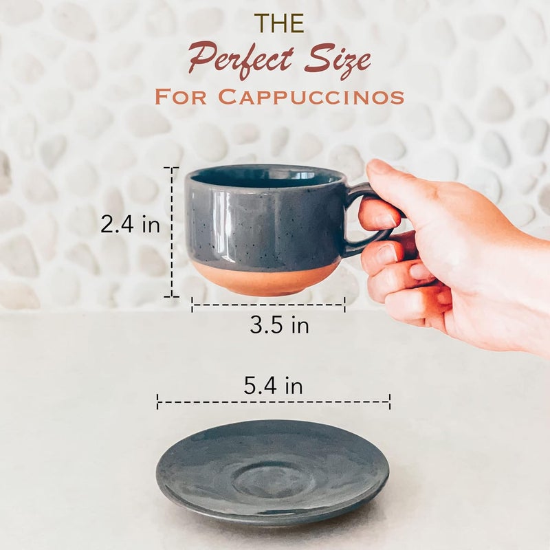 Mora Ceramics 8oz Cappuccino Mug Set of 4 - Ceramic Coffee Cups with Saucers - Microwave and Dishwasher Safe, Perfect For Tea, Espresso, Latte - Porcelain Mugs for Kitchen or Cafe - Assorted Neutrals - Image 2