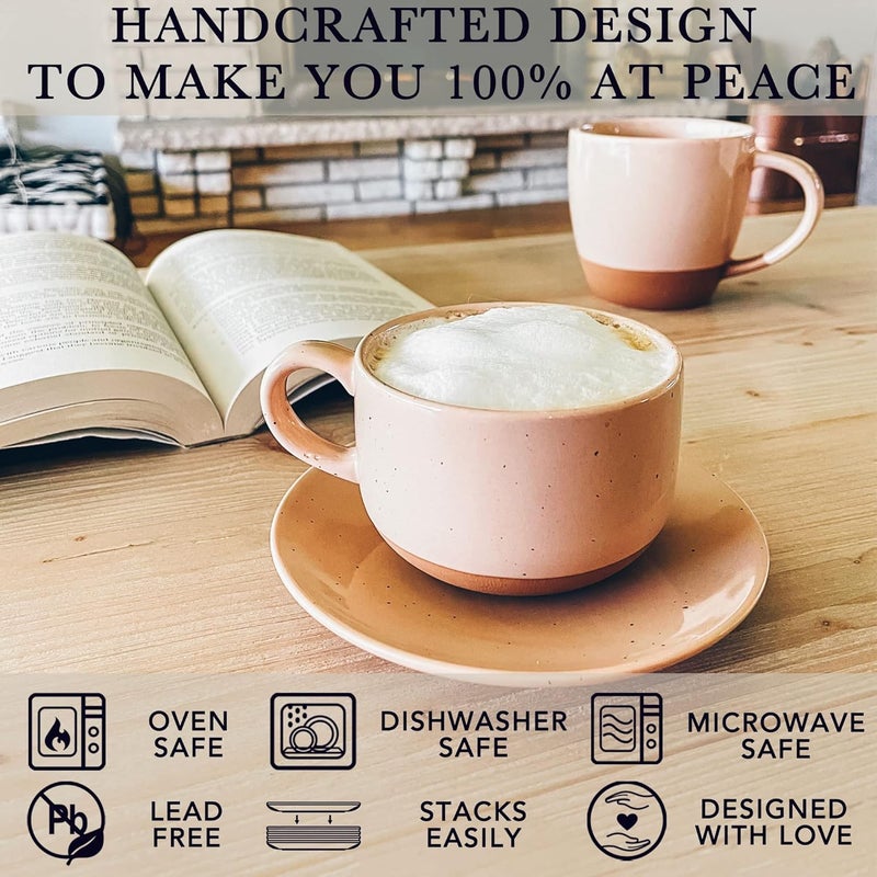 Mora Ceramics 8oz Cappuccino Mug Set of 4 - Ceramic Coffee Cups with Saucers - Microwave and Dishwasher Safe, Perfect For Tea, Espresso, Latte - Porcelain Mugs for Kitchen or Cafe - Assorted Neutrals - Image 4