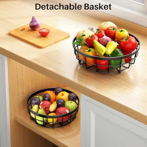 SAYZH 2-Tier Fruit Basket Bowl Vegetable Storage with 2 Banana Tree Hanger and Wood Lift Handle, Kitchen Countertop Metal Wire Basket for Bread Onions Potatoes (Black, 2 Tier) - Image 4