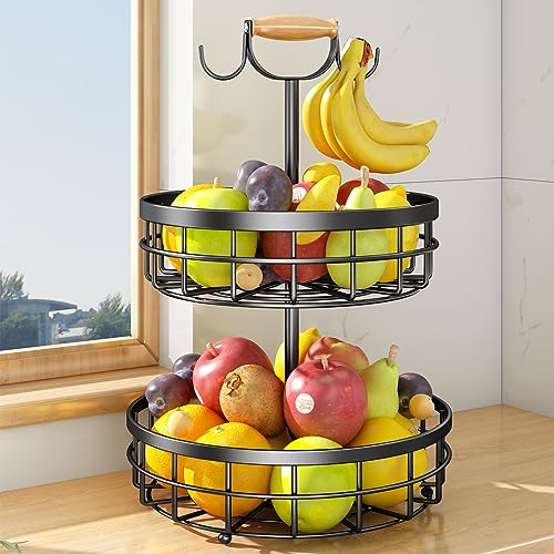 SAYZH 2-Tier Fruit Basket Bowl Vegetable Storage with 2 Banana Tree Hanger and Wood Lift Handle, Kitchen Countertop Metal Wire Basket for Bread Onions Potatoes (Black, 2 Tier) - Image 1