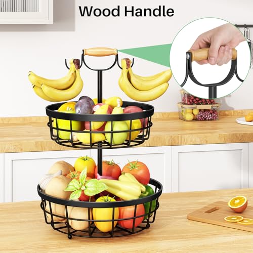 SAYZH 2-Tier Fruit Basket Bowl Vegetable Storage with 2 Banana Tree Hanger and Wood Lift Handle, Kitchen Countertop Metal Wire Basket for Bread Onions Potatoes (Black, 2 Tier) - Image 5