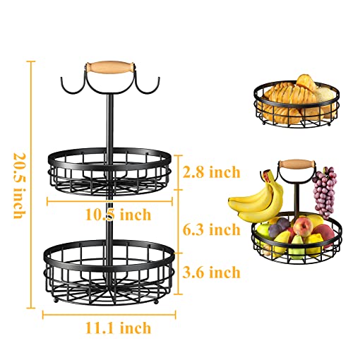SAYZH 2-Tier Fruit Basket Bowl Vegetable Storage with 2 Banana Tree Hanger and Wood Lift Handle, Kitchen Countertop Metal Wire Basket for Bread Onions Potatoes (Black, 2 Tier) - Image 2