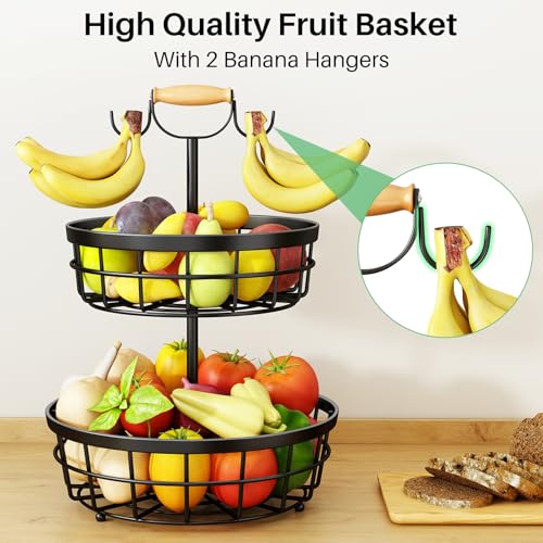 SAYZH 2-Tier Fruit Basket Bowl Vegetable Storage with 2 Banana Tree Hanger and Wood Lift Handle, Kitchen Countertop Metal Wire Basket for Bread Onions Potatoes (Black, 2 Tier) - Image 3