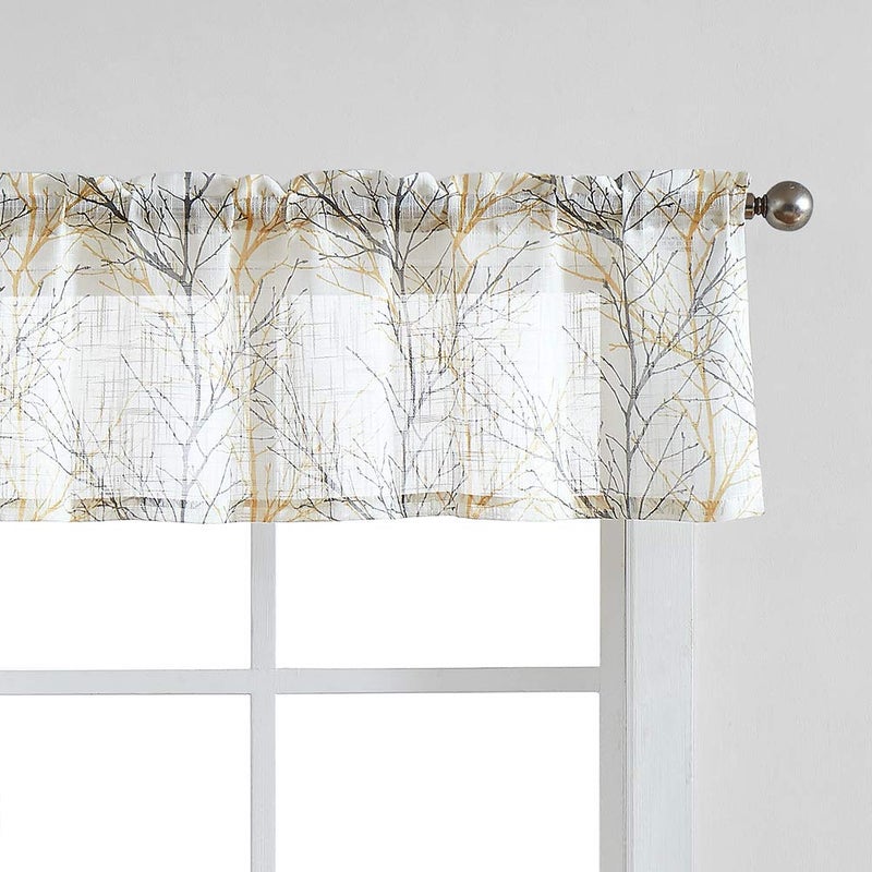 FMFUNCTEX Window Valance Curtains Yellow Grey Tree Branch Print on Semi Sheer White Short Valance for Kitchen Bathroom Rod Pocket Window Treatment 1 Panel 50 x 15 Inches