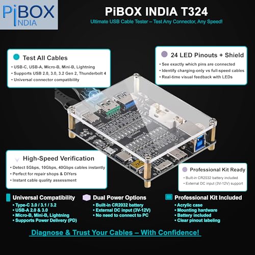PiBox India T324 USB 4.0 Cable Tester Board - Professional Continuity Checker with 24 LED Indicators for USB Type-C/USB-A/Micro-B/Mini-B Continuity Testing Lightning Cables with Acrylic Case - Image 4