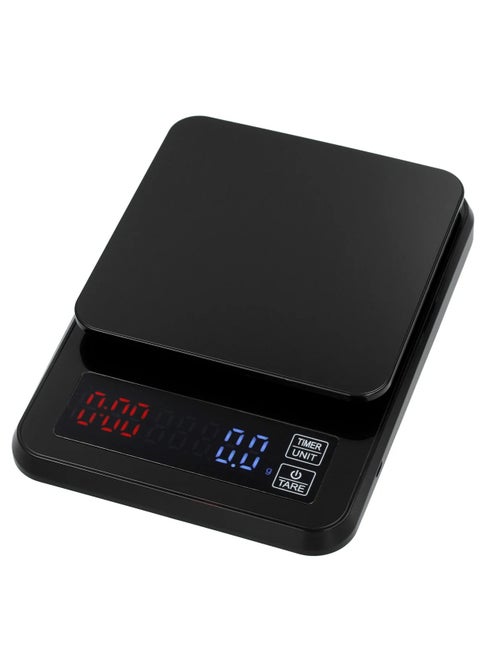 Digital coffee scale, waterproof and non-slip surface, rechargeable via included USB cable, high weight accuracy, built-in timer with dual LED display, TARE button to zero out the weight when placing a pot or cup on the scale, ideal for baristas, cafes, and home coffee lovers.