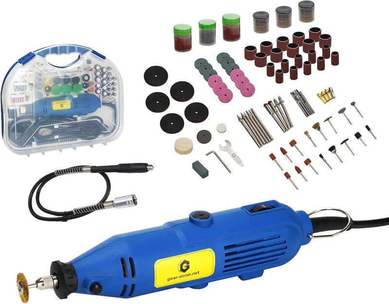 Gearzone Rotary Tool Set With Keyless Chuck And Flexible Shaft - 211 Pcs Variable Accessories Variable Speed 130W Electric Drill Set For Grinding Engraving Crafting Projects And Diy Creations (Blue)