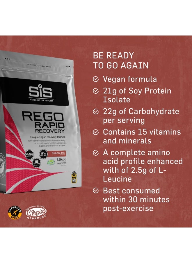 SIS REGO Rapid Recovery, Unique Vegan Recovery Formula,with carbohydrates to stimulate the recovery of normal muscle function & protein to support growth of muscle mass.2.5g L-LEUCINE, 21G protein,15 vit. & minerals Chocolate Flavour, 30 Servings, 1.5kg  - Image 3