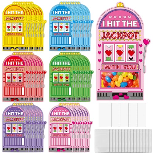TICIAGA 48 Set Valentines Day Funny Machine Candy Holder Greeting Card, Fun Exchange Card Bulk with Clear Treat Bag for Kids Classroom Activities, DIY Exchange Gift for Boy Girl Valentines Party Favor - Image 1