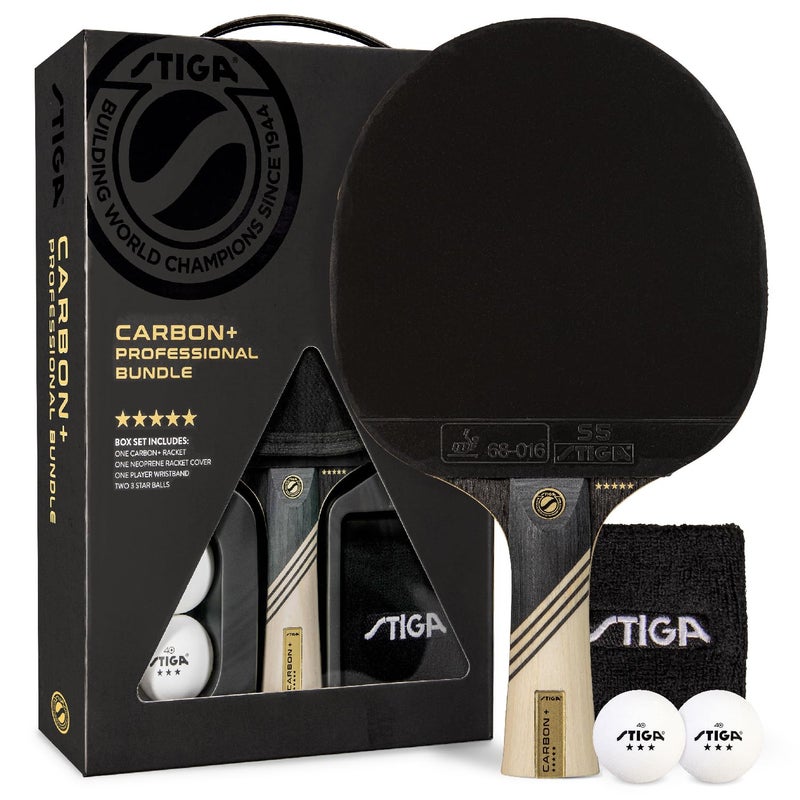 STIGA Carbon+ Bundle Ping Pong Paddle Set – 7-ply Extra Light Carbon Fiber Blade – 2mm Premium Sponge – Concave Pro Handle – 2 3-Star Tournament Balls – Neoprene Racket Cover – Player Wristband - Image 1