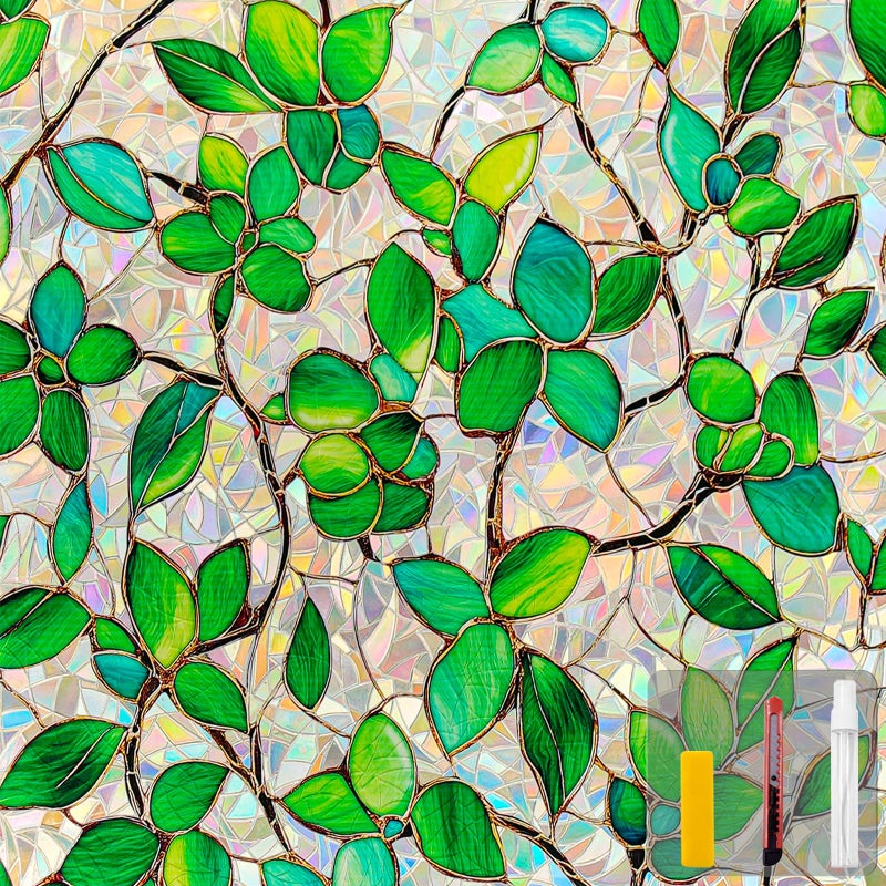 COUNTEWOL Window Privacy Film with Installation Tools Home Decorative Colored Glass Window Stickers Reusable electrostatic Rainbow Stickers (Greenery Leaf, 23.6 x 78.7 in) - Image 1