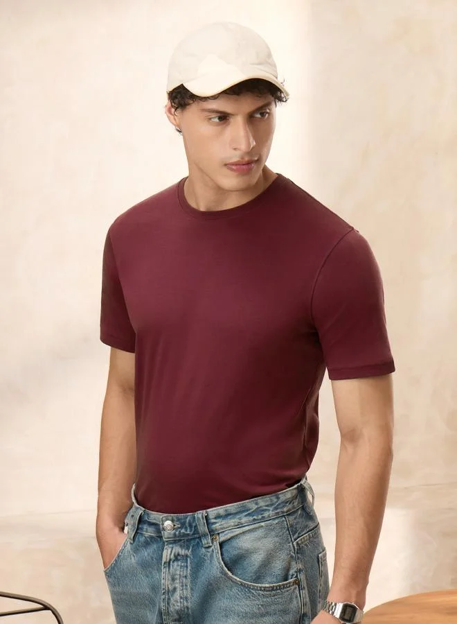 The Souled Store Men Burgundy Supima Cotton T-Shirt
