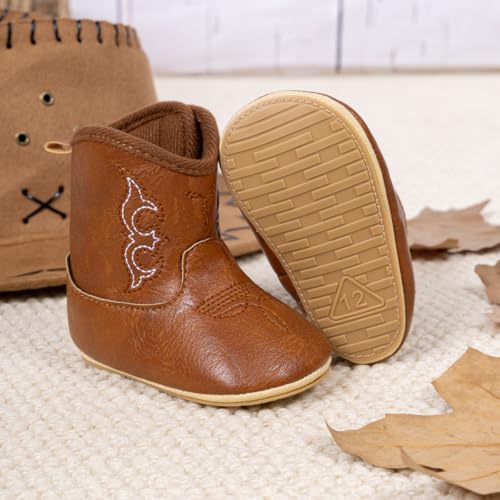 HsdsBebe Baby Boys Girls Western Cowboy Boots Infant Moccasins High Top Booties Toddler Soft Sole Non-Slip First Walker Crib Shoes(ZZY3166 brown,3) - Image 3