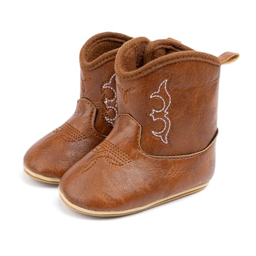 HsdsBebe Baby Boys Girls Western Cowboy Boots Infant Moccasins High Top Booties Toddler Soft Sole Non-Slip First Walker Crib Shoes(ZZY3166 brown,3) - Image 1