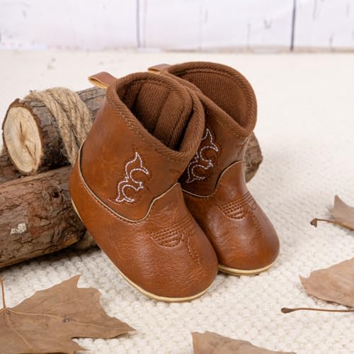 HsdsBebe Baby Boys Girls Western Cowboy Boots Infant Moccasins High Top Booties Toddler Soft Sole Non-Slip First Walker Crib Shoes(ZZY3166 brown,3) - Image 4