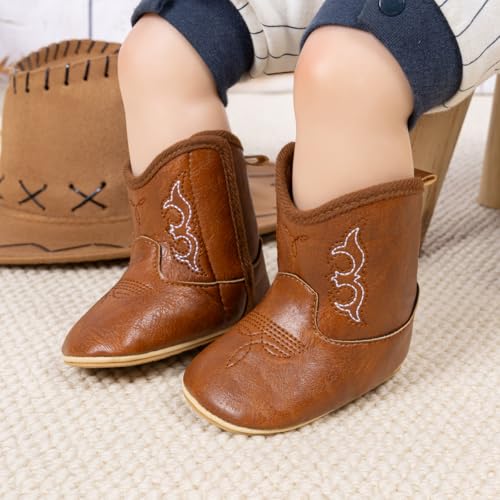 HsdsBebe Baby Boys Girls Western Cowboy Boots Infant Moccasins High Top Booties Toddler Soft Sole Non-Slip First Walker Crib Shoes(ZZY3166 brown,3) - Image 2