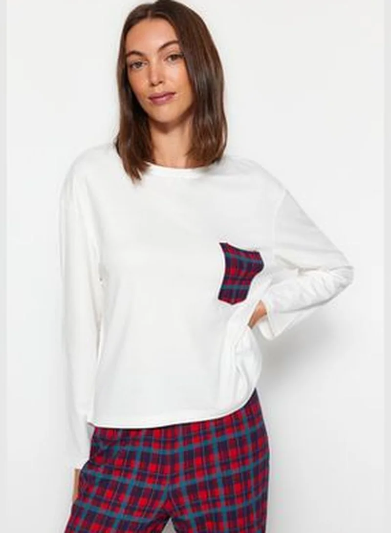 trendyol White Premium Plaid T-shirt-Pants and Knitted Pajamas Set THMAW24PT00228