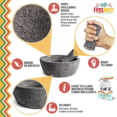 FESTMEX مدقة مكسيكية مصنوعة يدويًا من حجر بركاني 8 بوصة لطحن التوابل، السالسا، الغواكامولي، والمزيد من المدقة الأصلية من حجر بركاني مصنوعة في المكسيك (بديل المدقة) - Image 3