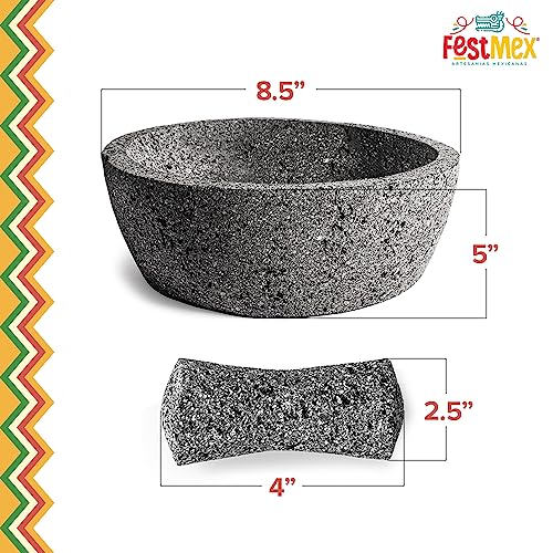FESTMEX مدقة مكسيكية مصنوعة يدويًا من حجر بركاني 8 بوصة لطحن التوابل، السالسا، الغواكامولي، والمزيد من المدقة الأصلية من حجر بركاني مصنوعة في المكسيك (بديل المدقة) - Image 2