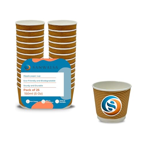 SANWALSA [150 ml, 25 Count, Brown Disposable Ripple Paper Cups | Eco-Friendly & Heat-Resistant Cups for Wedding, Party, Picnic, Cafes | Ideal for Tea, Coffee, Juice & Water - Image 1