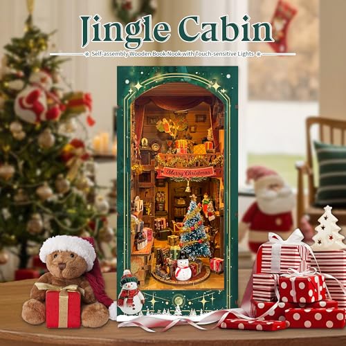 Strucwood Christmas Book Nook Kit with LED Light 3D Wooden Puzzles Booknook for Book Shelf Decor DIY Dollhouse Kit Book Nooks Decor with Dust Cover Jingle CabinSQ34 - Image 5
