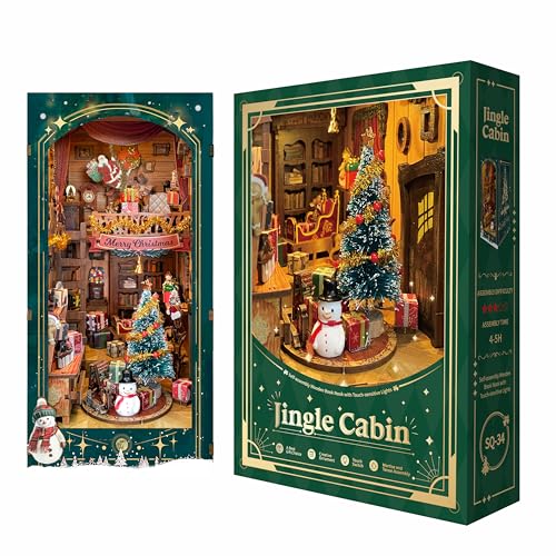 Strucwood Christmas Book Nook Kit with LED Light 3D Wooden Puzzles Booknook for Book Shelf Decor DIY Dollhouse Kit Book Nooks Decor with Dust Cover Jingle CabinSQ34 - Image 1