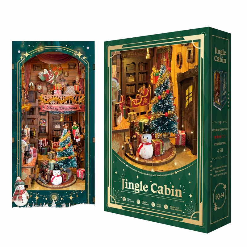 Strucwood Christmas Book Nook Kit with LED Light 3D Wooden Puzzles Booknook for Book Shelf Decor DIY Dollhouse Kit Book Nooks Decor with Dust Cover Jingle CabinSQ34 - Image 3