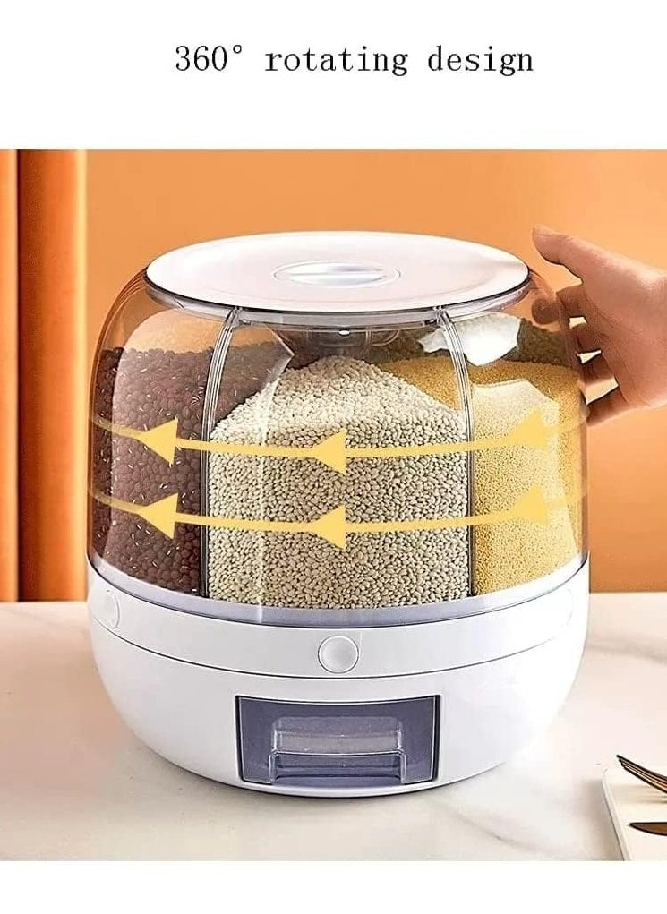 BORTONY - Rice Dispenser 6-Grid Rice Storage Container Rice Grain Storage Container Rotating Food Container Bucket One-Click Round Rice Output for Grains Snacks Dog Food Coffee Beans size 23x 23 cm - Image 1