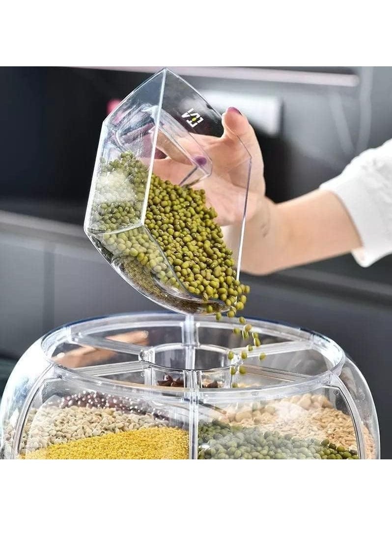BORTONY - Rice Dispenser 6-Grid Rice Storage Container Rice Grain Storage Container Rotating Food Container Bucket One-Click Round Rice Output for Grains Snacks Dog Food Coffee Beans size 23x 23 cm - Image 1