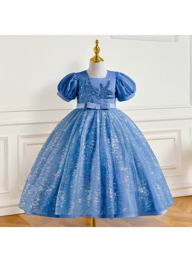 Luobobeibei Girls' Blue Long Dress Children'S Princess Dress Wedding Host Performance Costume Blue 130 - Image 2