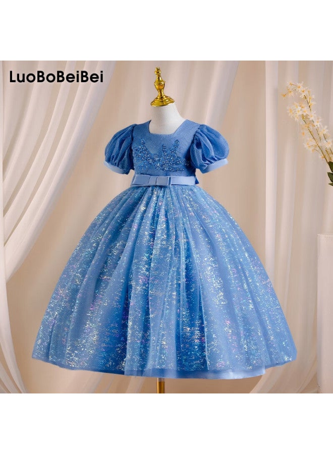 Luobobeibei Girls' Blue Long Dress Children'S Princess Dress Wedding Host Performance Costume Blue 130 - Image 1