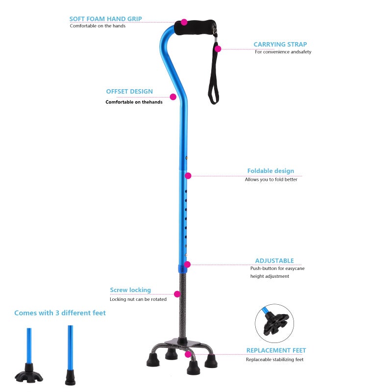 LIXIANG Quad Cane,Walking Cane with 4-Pronged Base for Extra Stability,Foam Padded Offset Handle for Soft Grip,Works for Right or Left Handed Men or Women - Image 4