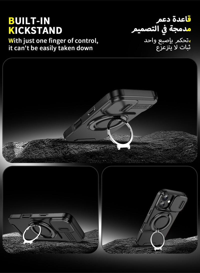 عش زي غلاف آيفون 17 بغطاء كاميرا منزلق، ملمس ناعم، مغناطيس MagSafe، حامل حلقة دوارة 360 درجة، حماية ضد الصدمات مع وسائد هوائية بارتفاع خفيف عند الزوايا، أسود، 1 قطعة - Image 5