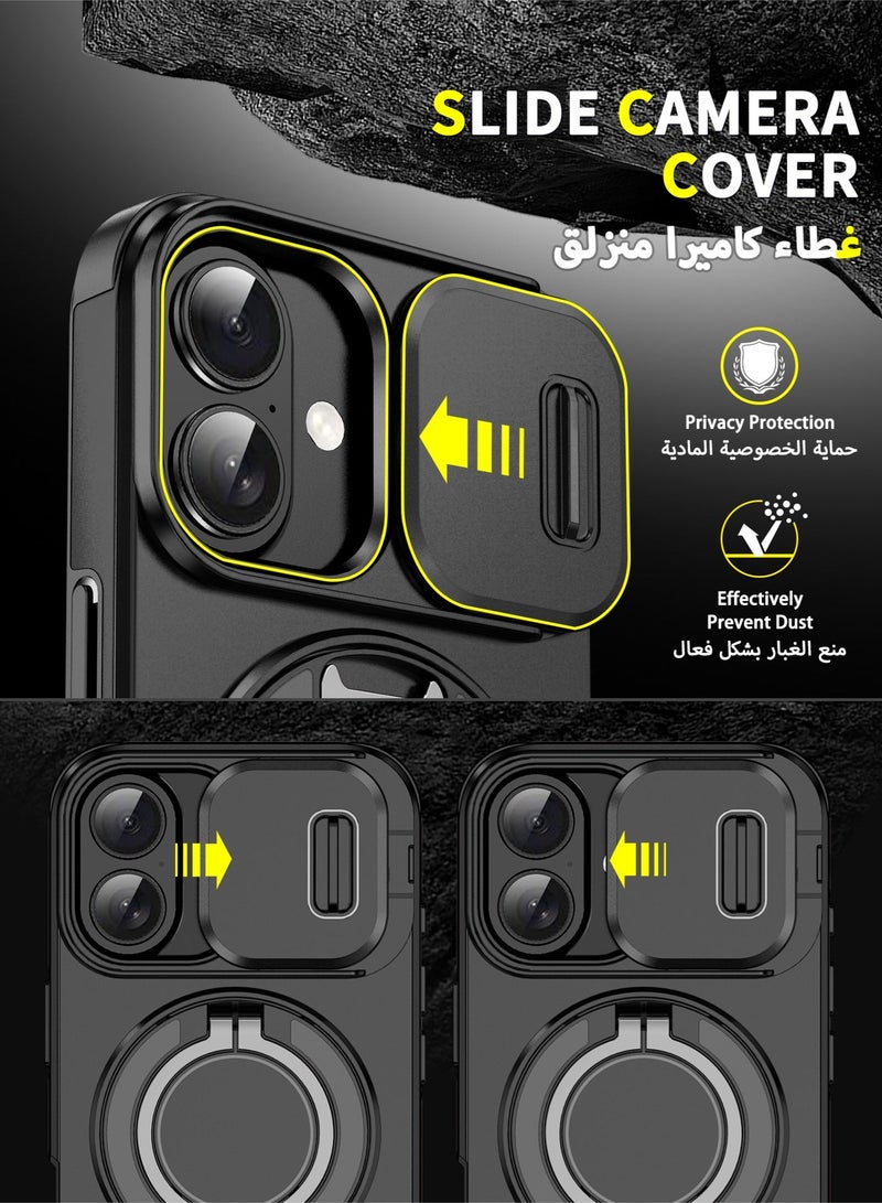 عش زي غلاف آيفون 17 بغطاء كاميرا منزلق، ملمس ناعم، مغناطيس MagSafe، حامل حلقة دوارة 360 درجة، حماية ضد الصدمات مع وسائد هوائية بارتفاع خفيف عند الزوايا، أسود، 1 قطعة - Image 2