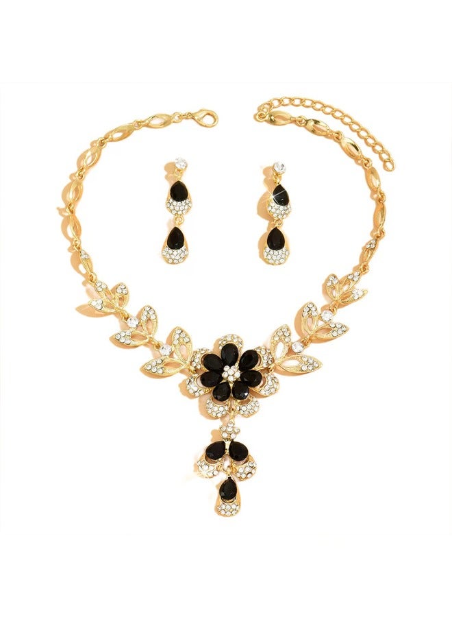 Zeemey 1 Pair Dangle Earrings +1 Pc Necklace With Pretty Flower Design Copper 14K Gold Plated Jewelry Set zirconia Inlaid For Women - Image 1