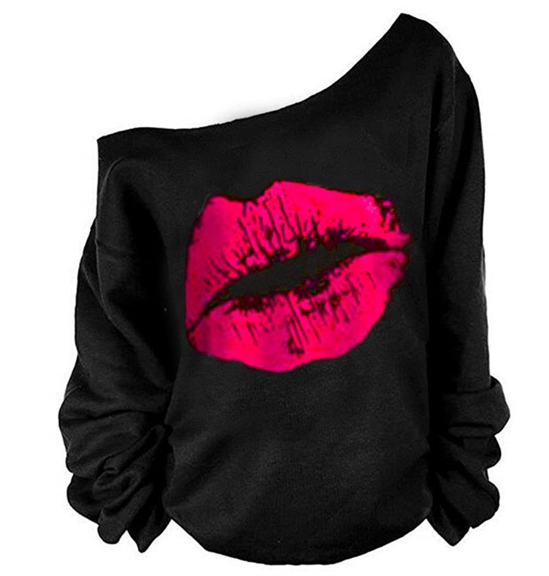 MAGICMK Womanâ€™s Sweatershirt Lips Print Causal Blouse Off The Shoulder Long Sleeve Loose Slouchy Pullover Plus Size Topsâ€¦(XL) - Image 1