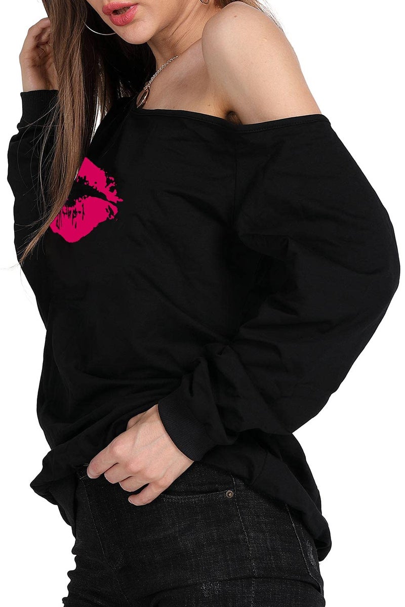MAGICMK Womanâ€™s Sweatershirt Lips Print Causal Blouse Off The Shoulder Long Sleeve Loose Slouchy Pullover Plus Size Topsâ€¦(XL) - Image 4