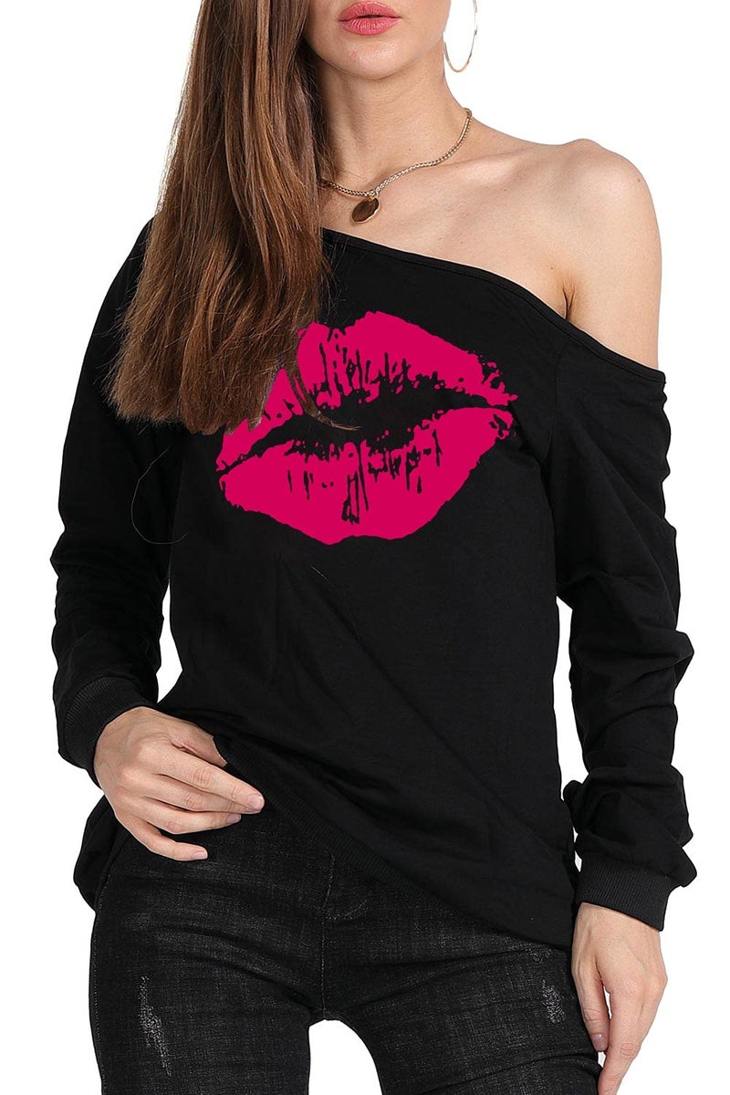 MAGICMK Womanâ€™s Sweatershirt Lips Print Causal Blouse Off The Shoulder Long Sleeve Loose Slouchy Pullover Plus Size Topsâ€¦(XL) - Image 3