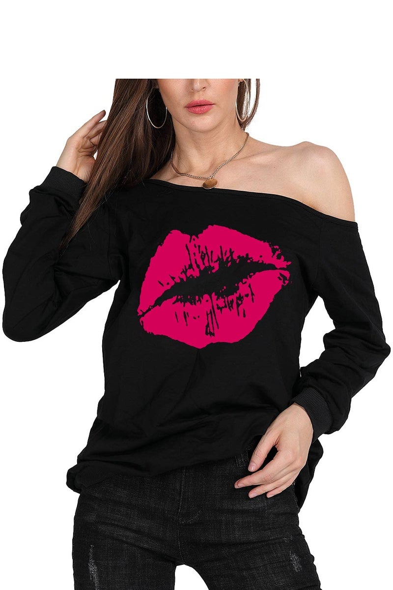 MAGICMK Womanâ€™s Sweatershirt Lips Print Causal Blouse Off The Shoulder Long Sleeve Loose Slouchy Pullover Plus Size Topsâ€¦(XL) - Image 2